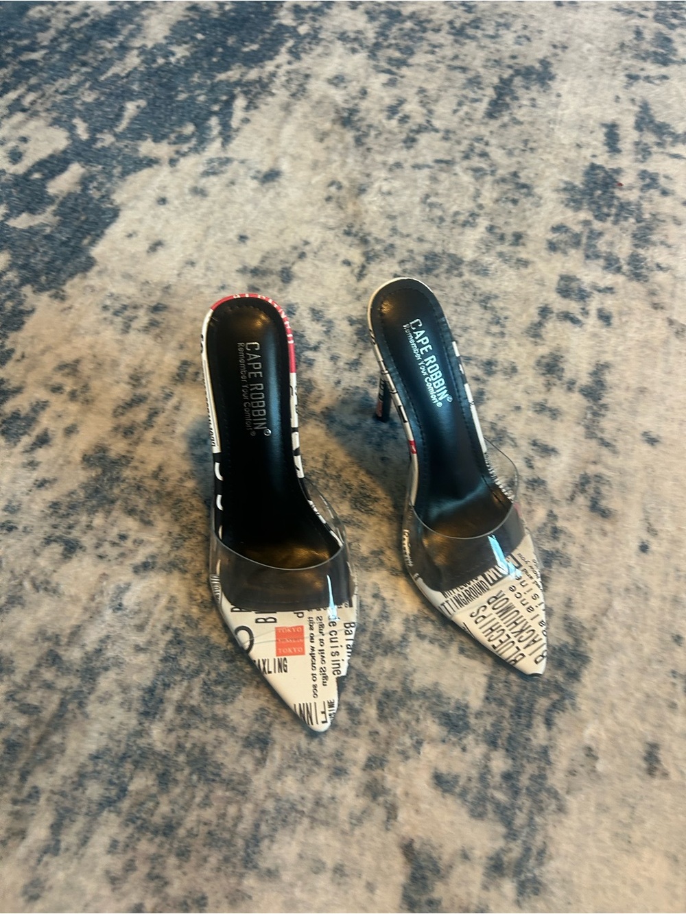 Cape Robbin • Black & White • Newspaper Print Pointed Toe Mules w/Red Accents •7